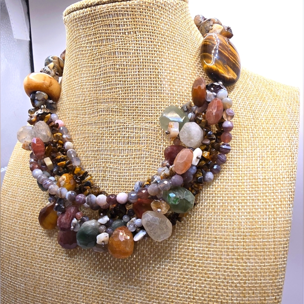Stone Multi Strand Toggle Clasp Chunky Necklace - image 2